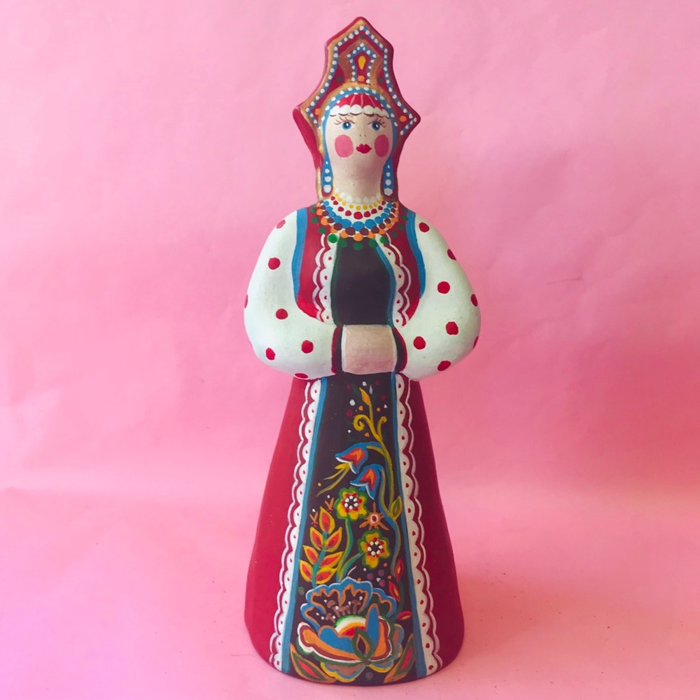 Vintage handmade from clay multicolored folklore doll